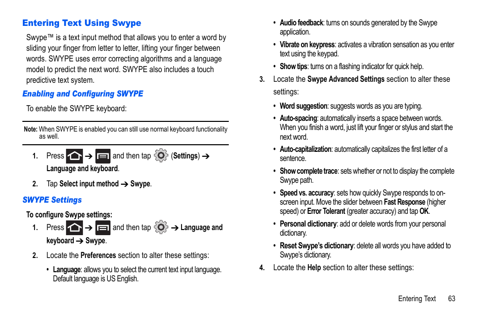 Entering text using swype | Samsung GALAXY S SGH-T989D User Manual | Page 71 / 223