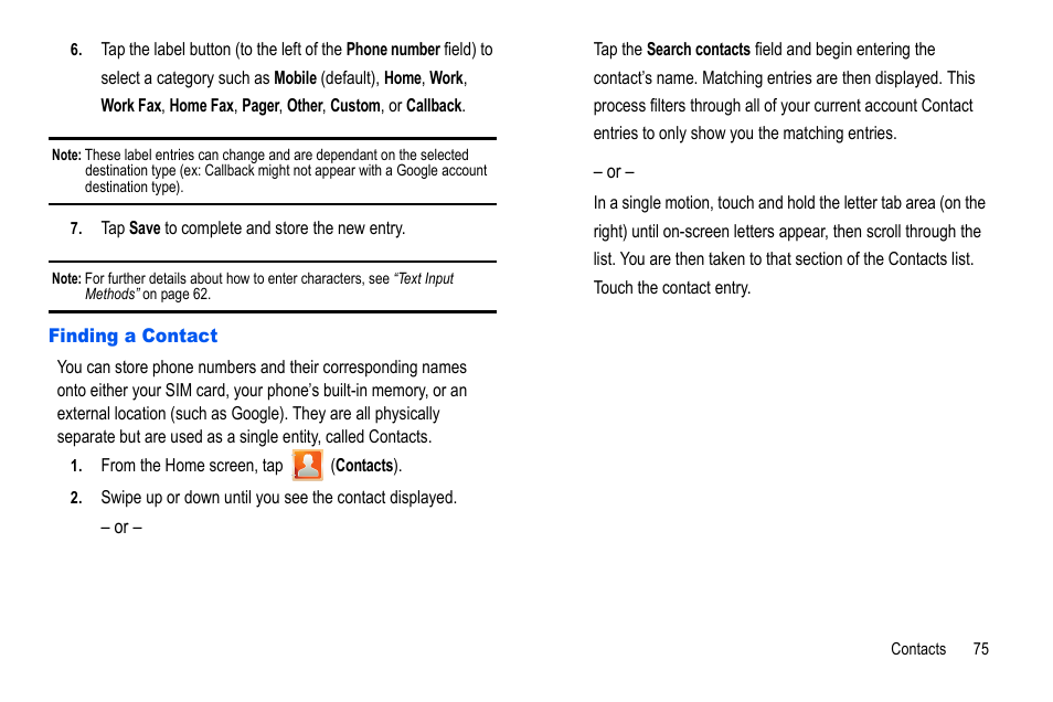 Finding a contact | Samsung GALAXY S SGH-T989D User Manual | Page 83 / 223
