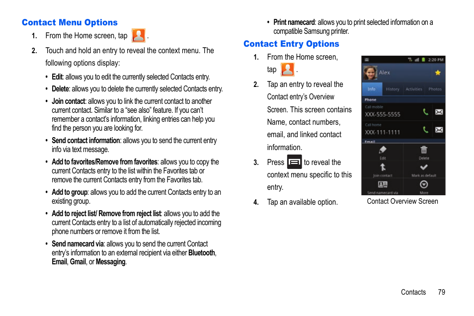 Contact menu options, Contact entry options, Contact menu options contact entry options | Samsung GALAXY S SGH-T989D User Manual | Page 87 / 223