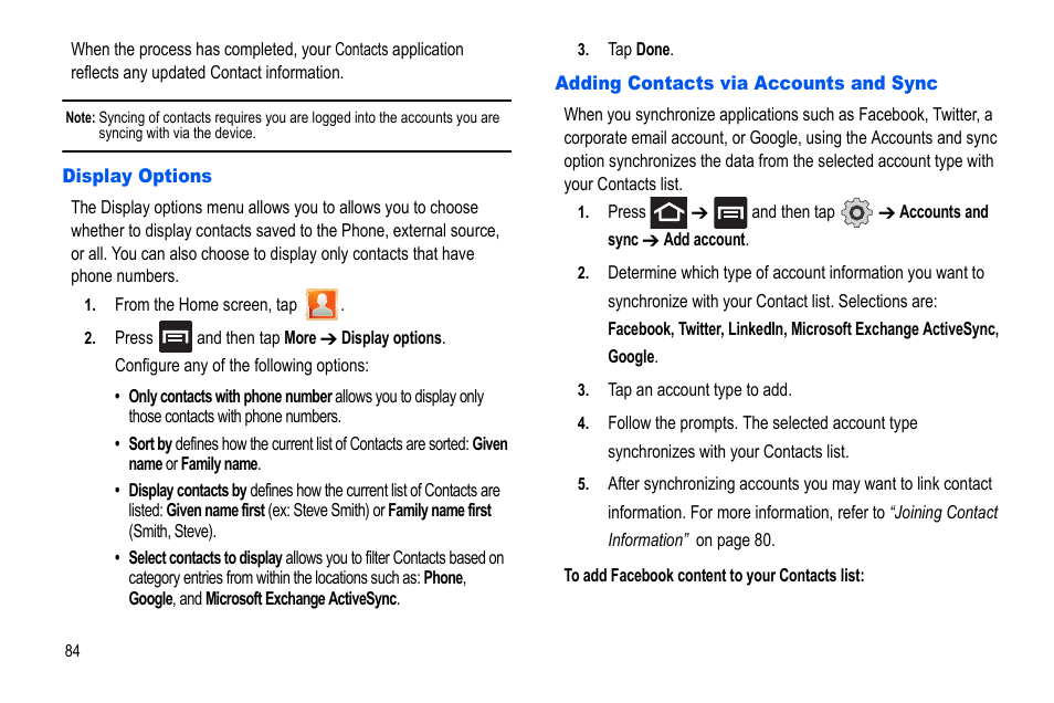 Display options, Adding contacts via accounts and sync | Samsung GALAXY S SGH-T989D User Manual | Page 92 / 223