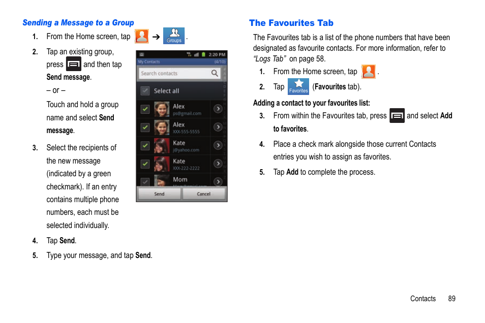 The favourites tab | Samsung GALAXY S SGH-T989D User Manual | Page 97 / 223