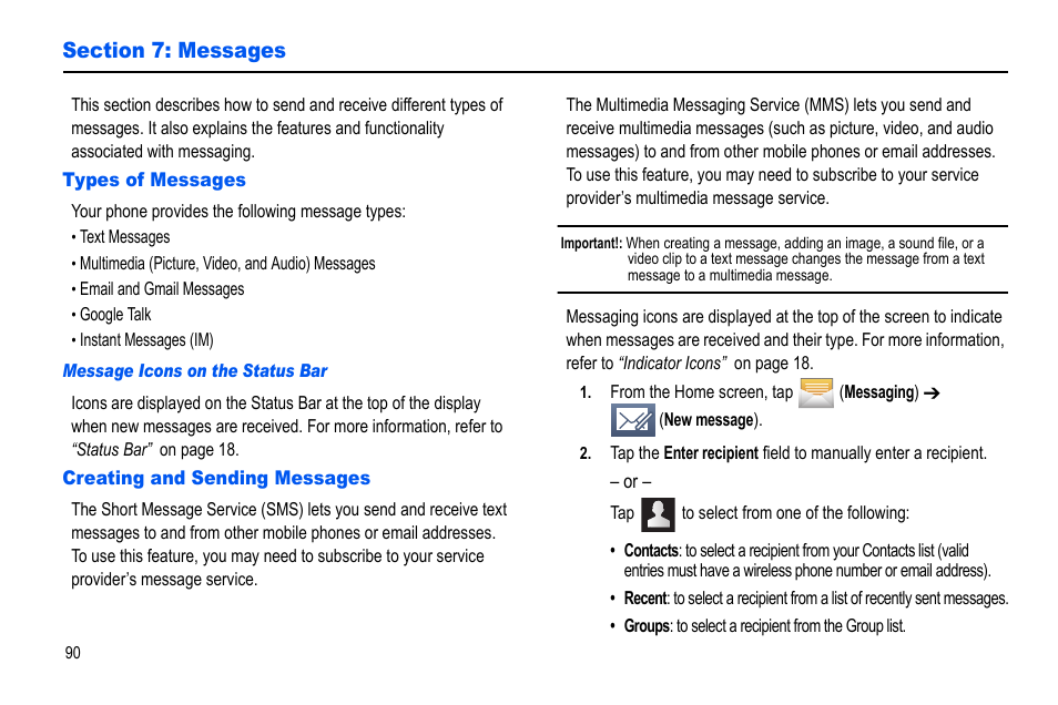 Section 7: messages, Types of messages, Creating and sending messages | Types of messages creating and sending messages | Samsung GALAXY S SGH-T989D User Manual | Page 98 / 223