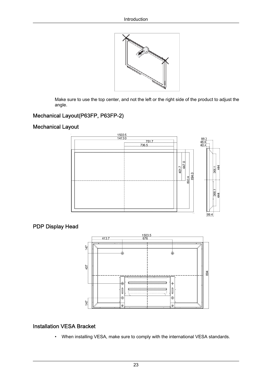 Mechanical layout(p63fp, p63fp-2), Mechanical layout, Pdp display head | Installation vesa bracket | Samsung P63FP-2 User Manual | Page 24 / 117