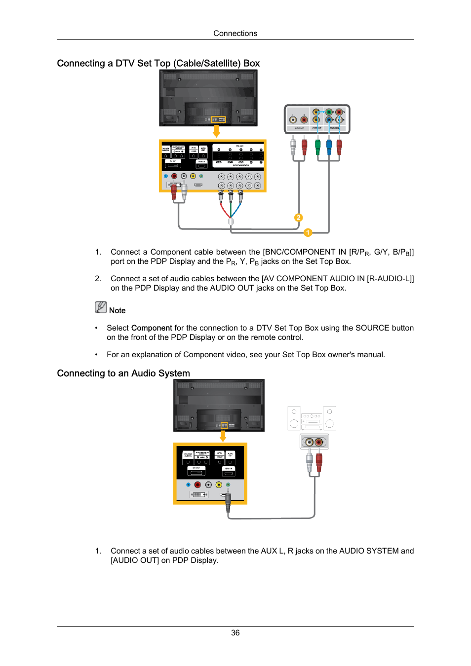 Connecting a dtv set top (cable/satellite) box, Connecting to an audio system | Samsung P63FP-2 User Manual | Page 37 / 117