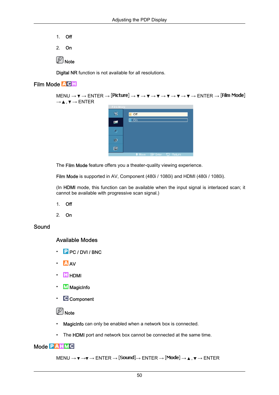 Film mode, Sound, Mode | Samsung P63FP-2 User Manual | Page 76 / 117