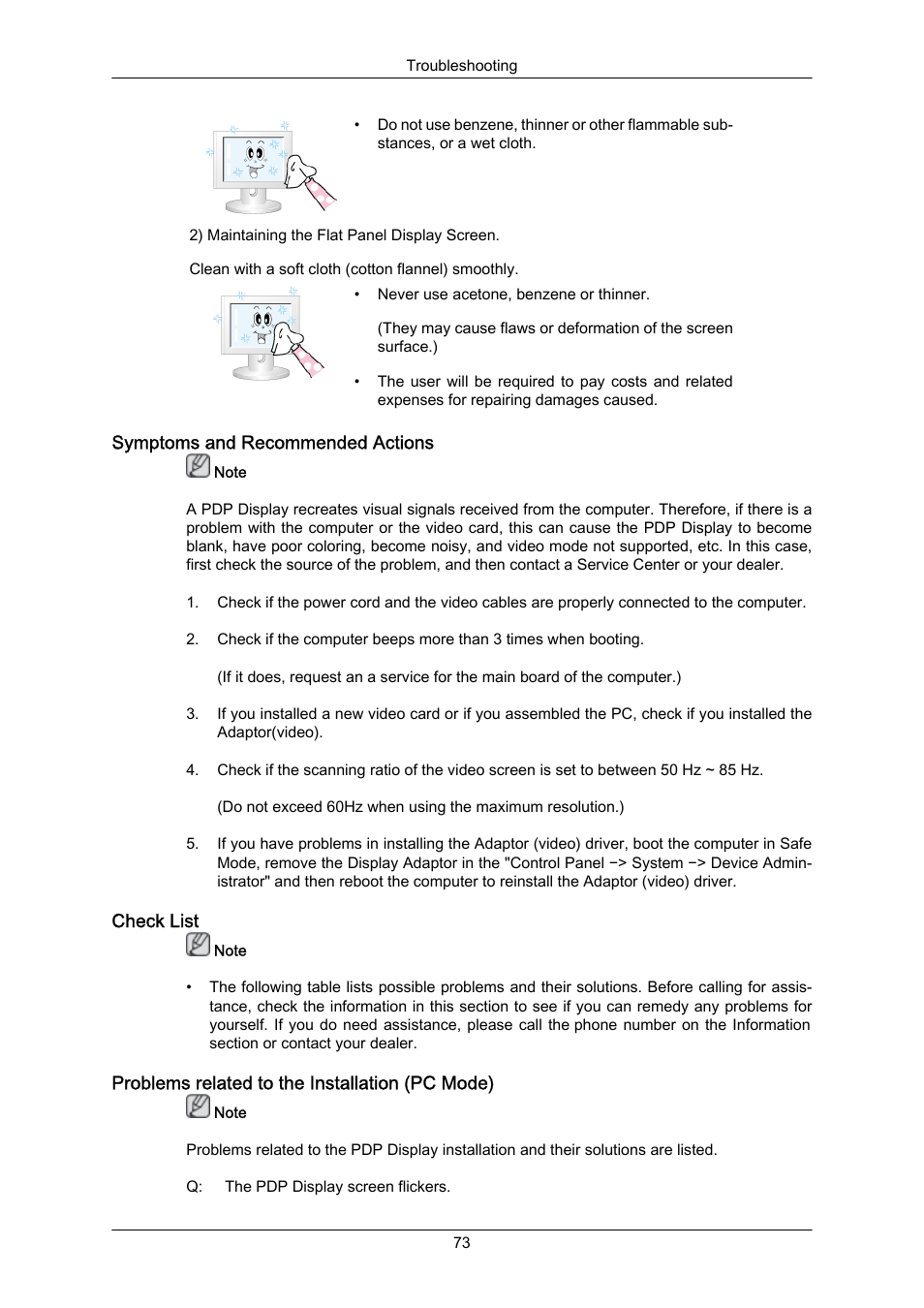 Symptoms and recommended actions, Check list, Problems related to the installation (pc mode) | Samsung P63FP-2 User Manual | Page 99 / 117