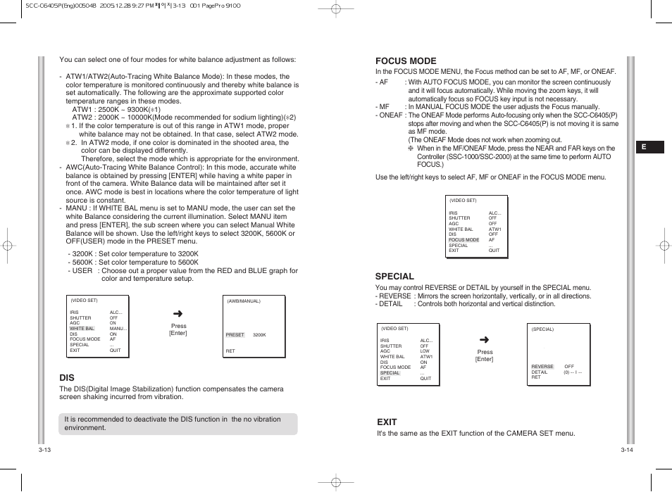 Focus mode, Special, Exit | Samsung SCC-C6405(P) User Manual | Page 20 / 31