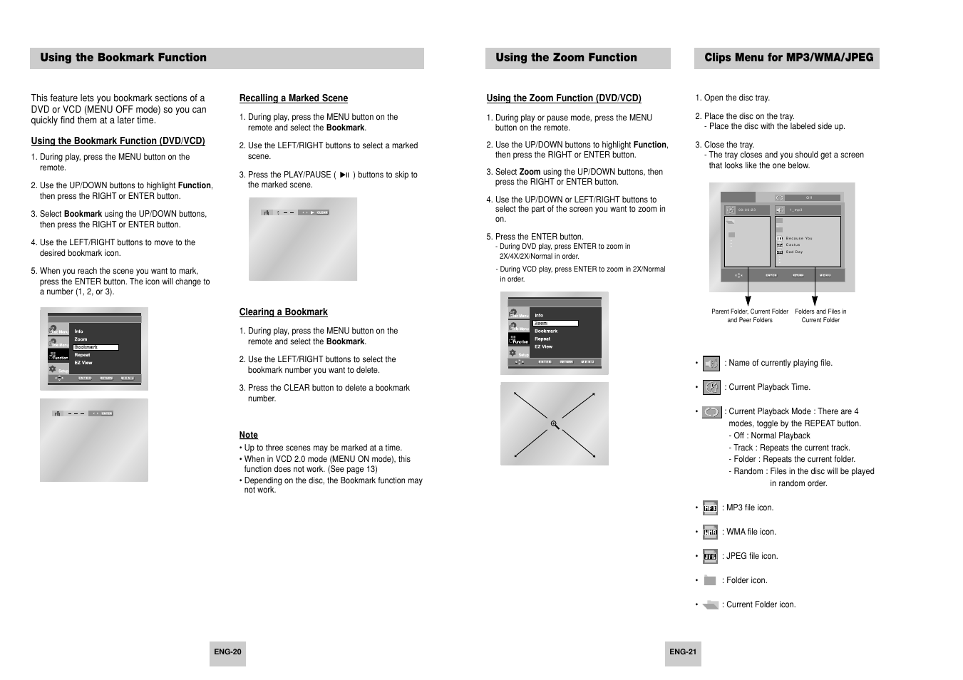 Using the bookmark function, Using the zoom function, Clips menu for mp3/wma/jpeg | Samsung AK68-00411A User Manual | Page 11 / 18