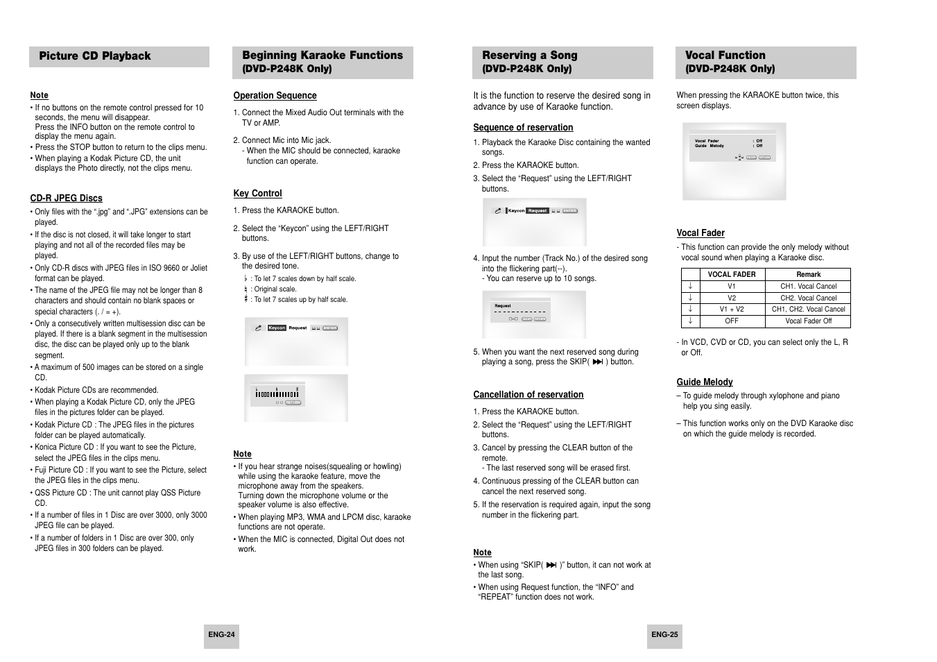 Beginning karaoke functions, Reserving a song, Vocal function | Samsung AK68-00411A User Manual | Page 13 / 18