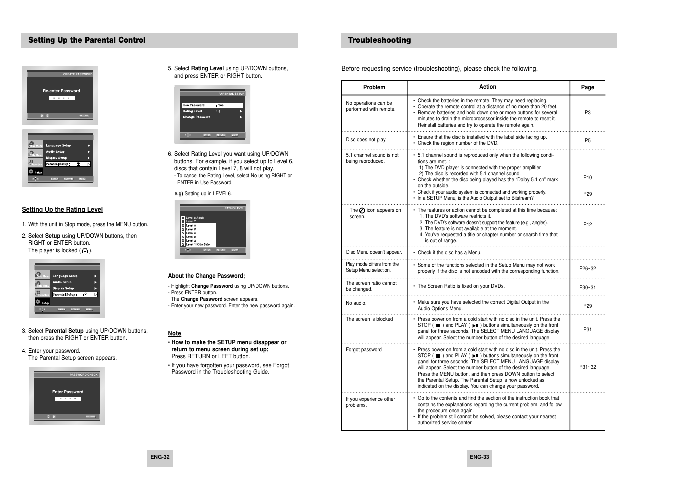 Troubleshooting, Setting up the parental control | Samsung AK68-00411A User Manual | Page 17 / 18