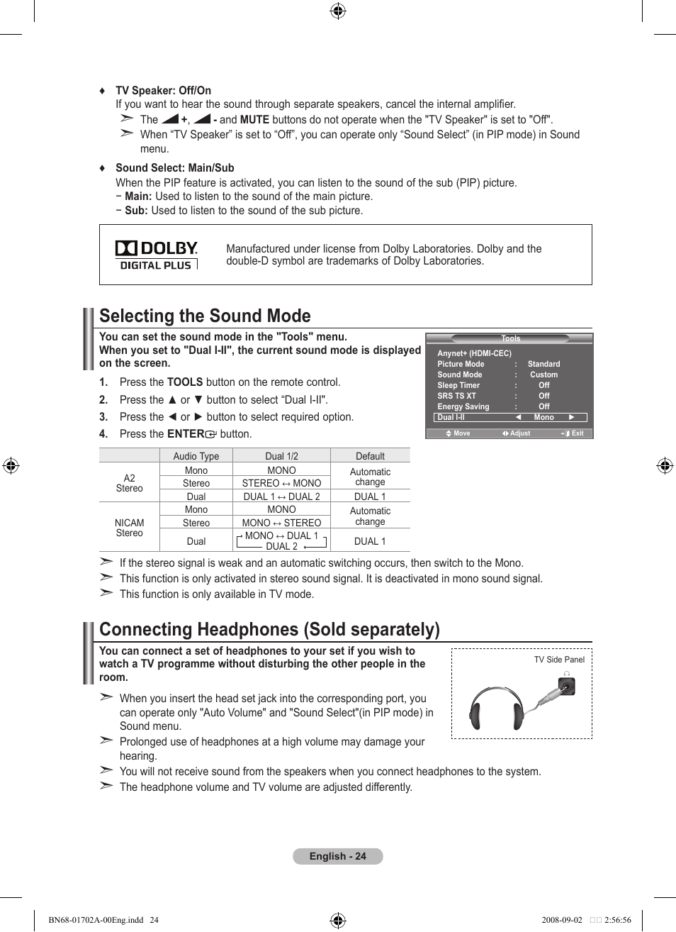 Selecting the sound mode, Connecting headphones (sold separately) | Samsung BN68-01702A-00 User Manual | Page 26 / 69