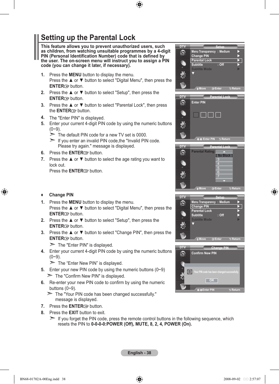 Setting up the parental lock | Samsung BN68-01702A-00 User Manual | Page 40 / 69