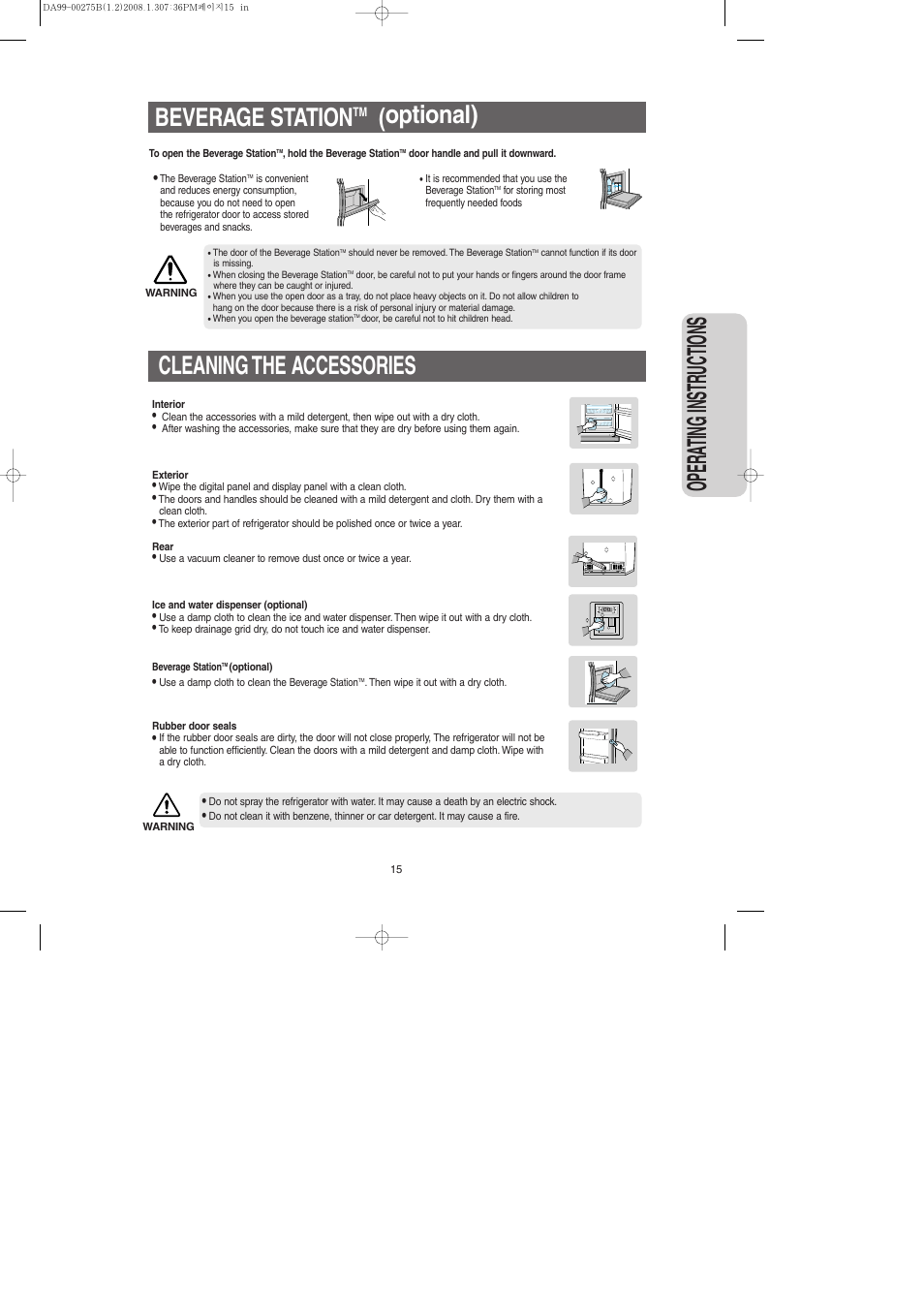 Beverage stationtm (optional), Cleaning the accessories, Opera ting instr uctions | Cleaning the accessories beverage station, Optional) | Samsung DA99-00275B User Manual | Page 15 / 36