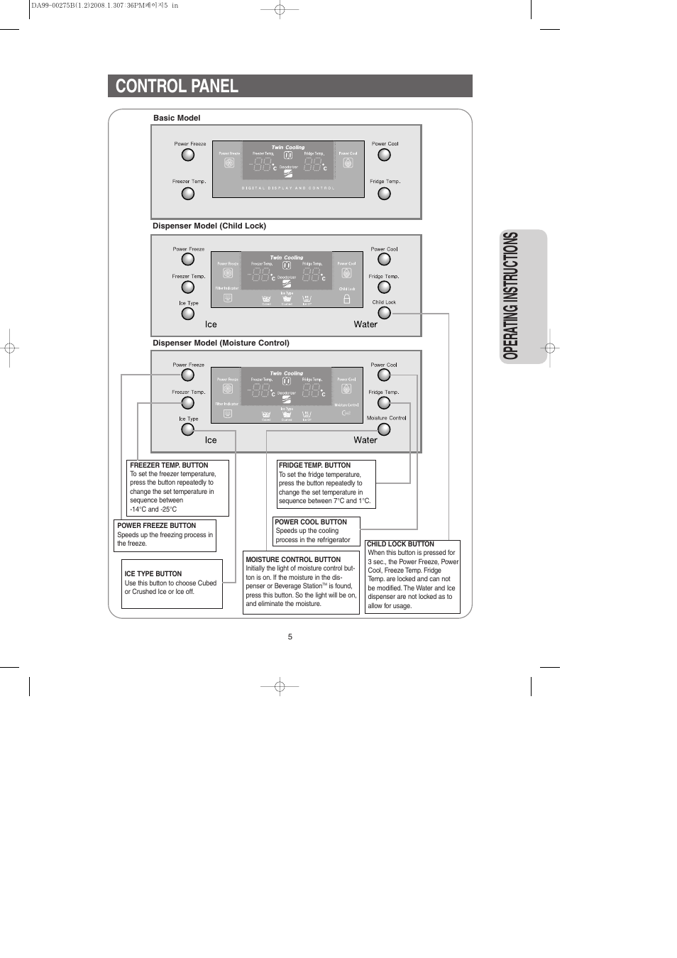 Control panel, Opera ting instr uctions | Samsung DA99-00275B User Manual | Page 5 / 36