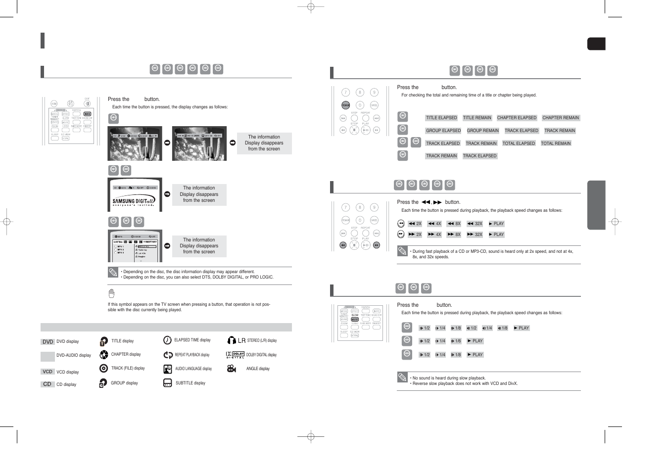Using the playback function, Displaying disc information, Checking the remaining time | Fast playback, Slow playback, Eng opera tion | Samsung HT-TX250  EN User Manual | Page 17 / 35