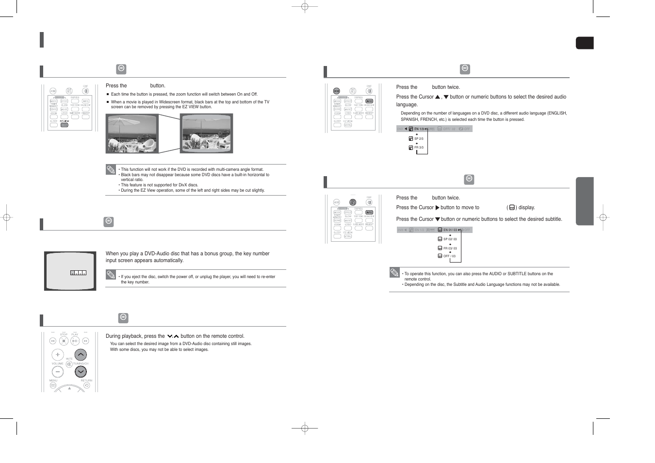 Using the playback function, Con’t), Ez view function | Bonus group, Navigating pages, Audio language selection function, Subtitle language selection function | Samsung HT-TX250  EN User Manual | Page 20 / 35