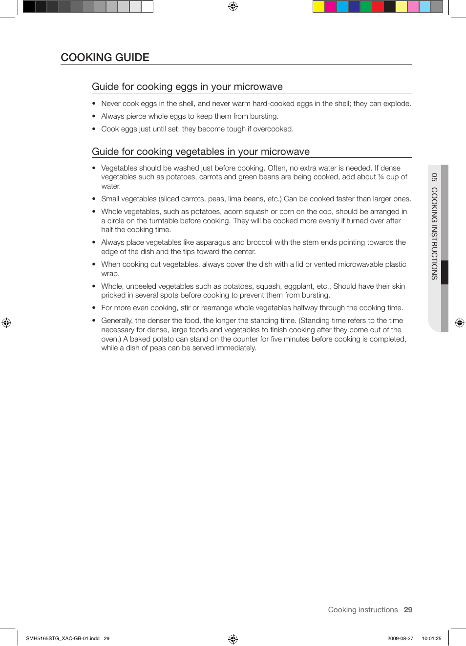 Cooking guide, Guide for cooking eggs in your microwave, Guide for cooking vegetables in your microwave | Samsung DE68-03267F-01 User Manual | Page 29 / 36