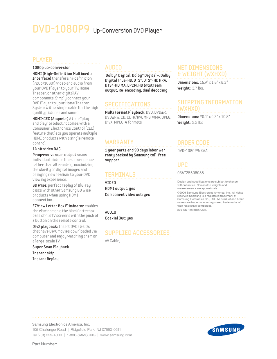 Audio, Specifications, Warranty | Terminals, Supplied accessories, Up-conversion dvd player player, Net dimensions & weight (wxhxd), Shipping information (wxhxd), Order code | Samsung DVD-1080P9/XAA User Manual | Page 2 / 2