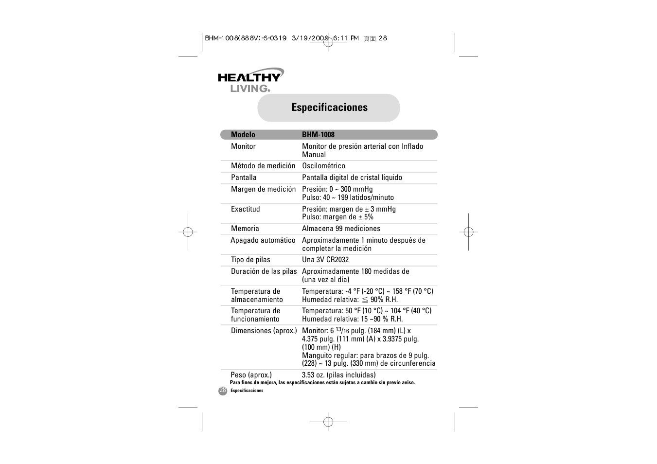 Especificaciones | Samsung BHM-1008 User Manual | Page 61 / 66