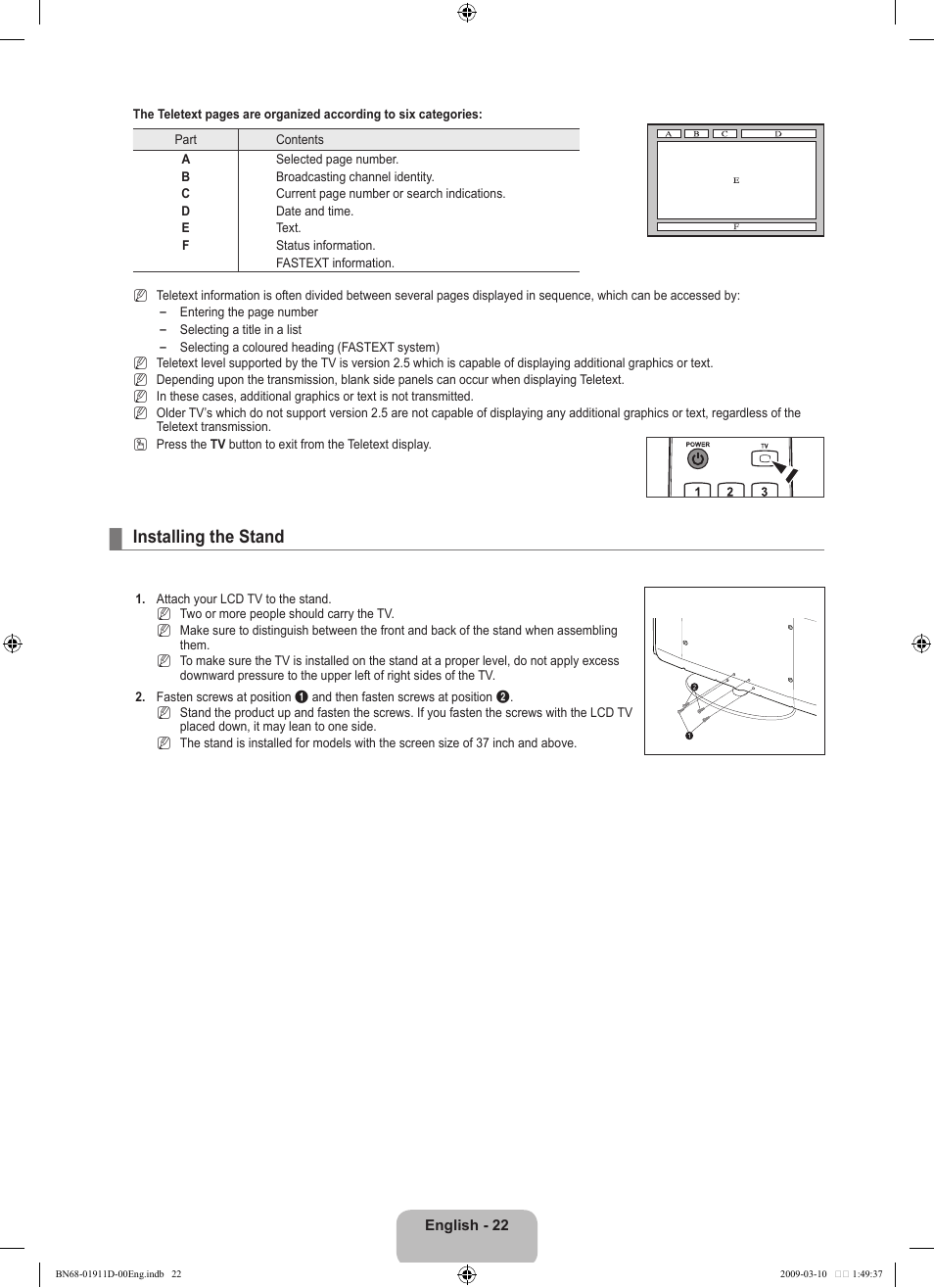 Installing the stand | Samsung BN68-01911D-00 User Manual | Page 24 / 28