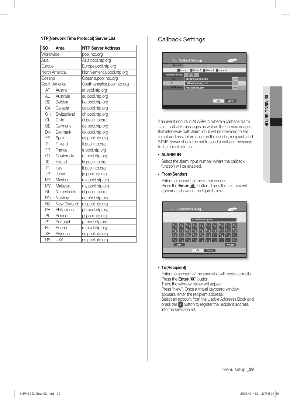 Callback settings | Samsung SHR-5040 User Manual | Page 43 / 92