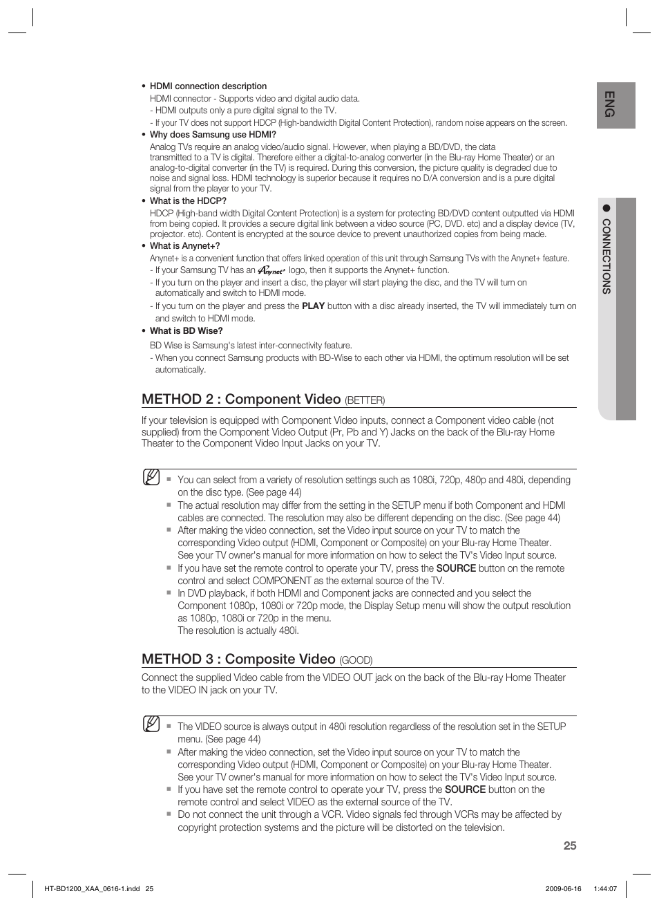 Method 2 : component video, Method 3 : composite video | Samsung HT-BD1200 User Manual | Page 25 / 102