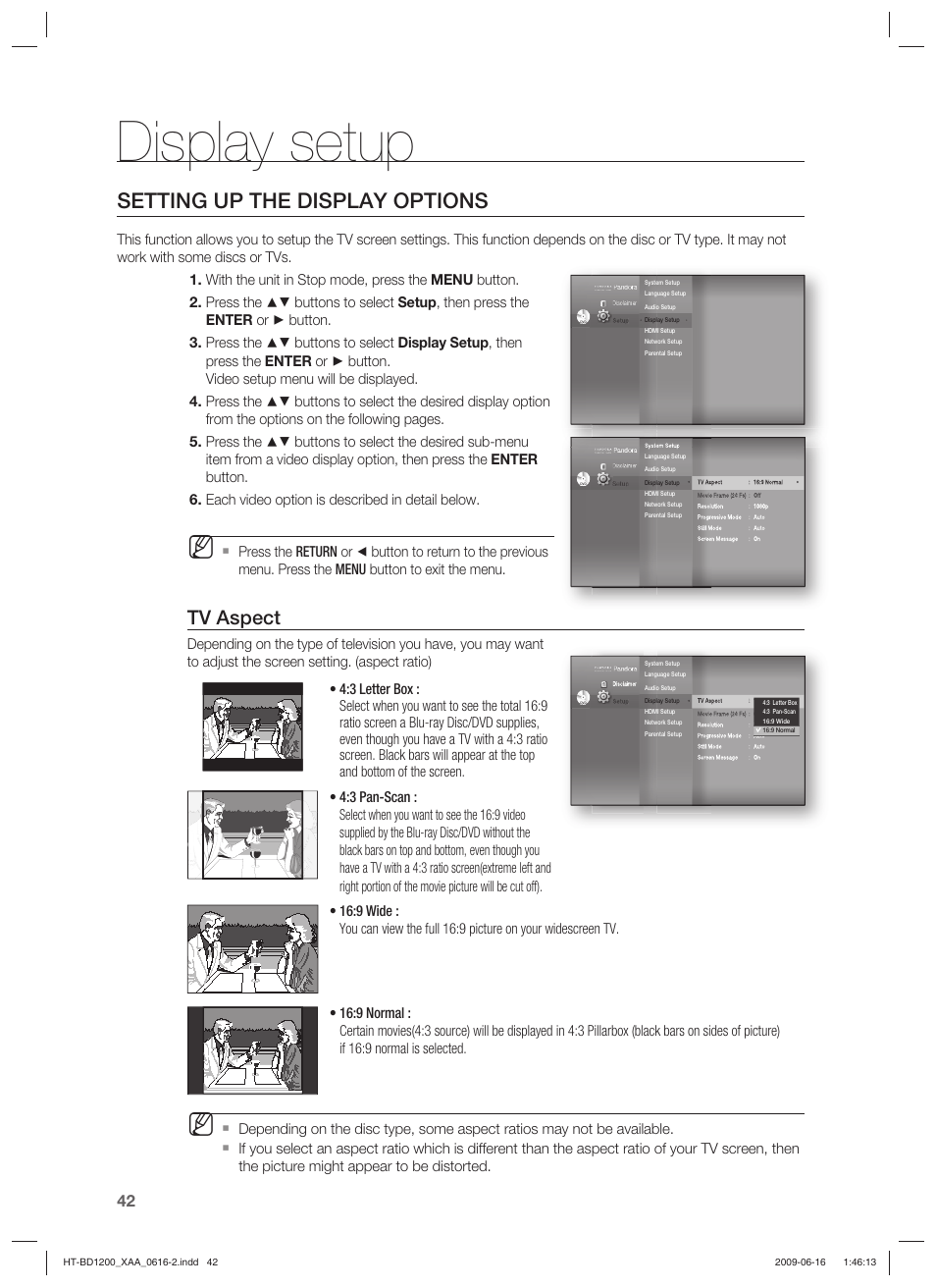Display setup, Setting up the display options, Tv aspect | Samsung HT-BD1200 User Manual | Page 42 / 102