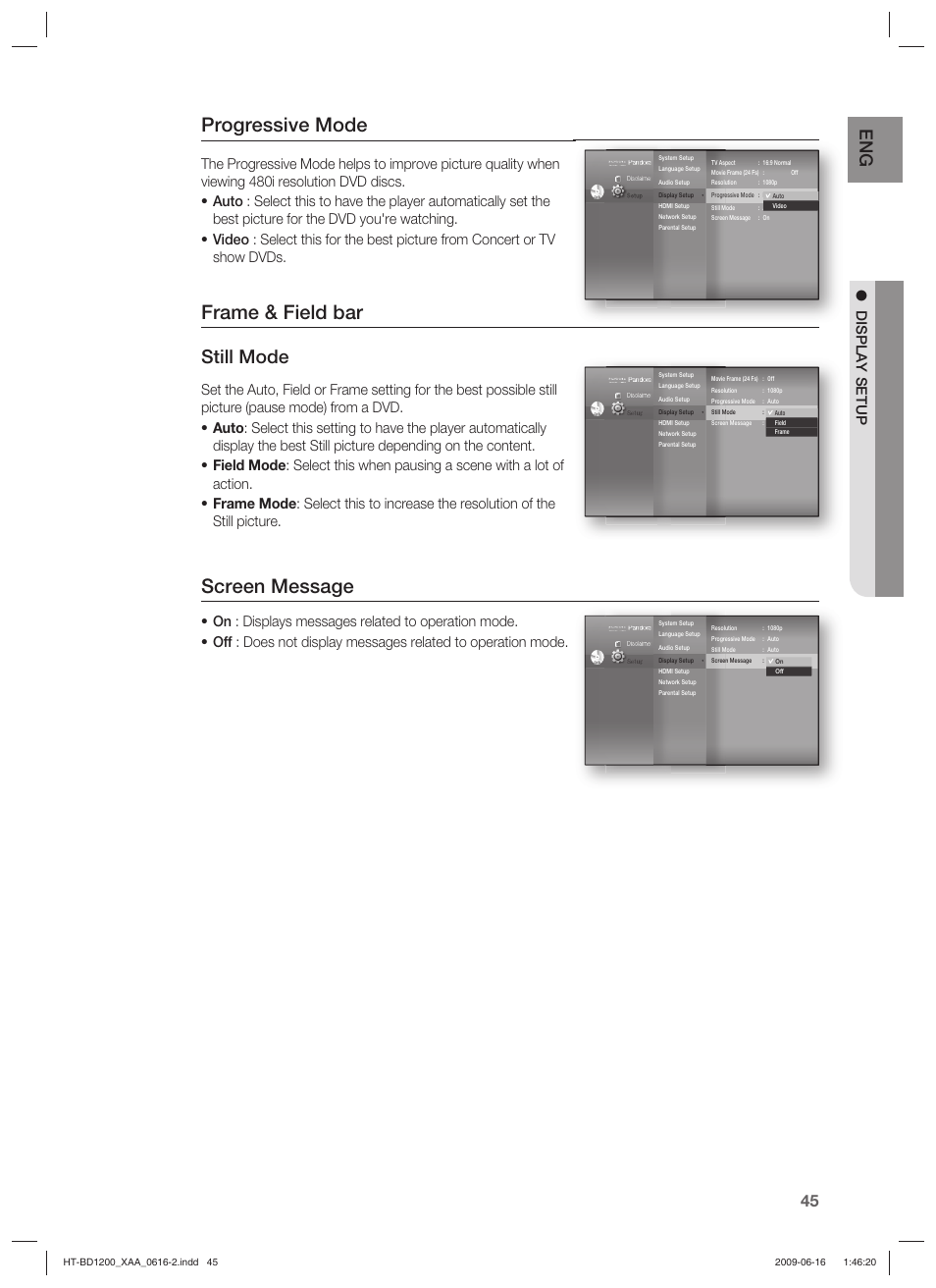 Progressive mode, Frame & field bar, Screen message | Still mode, Display setup | Samsung HT-BD1200 User Manual | Page 45 / 102