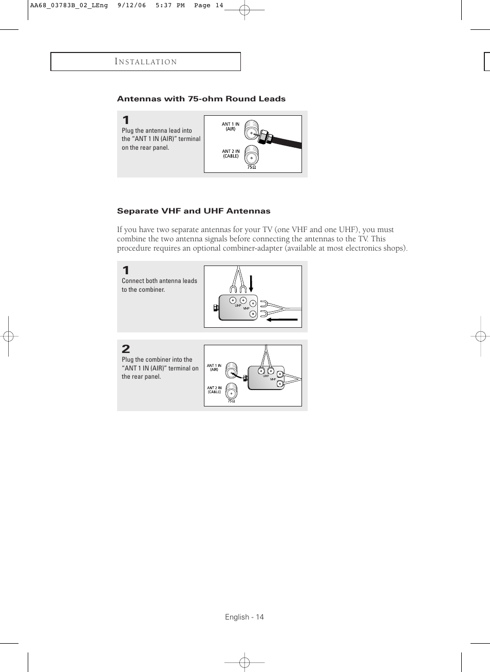 Antennas with 75-ohm round leads, Separate vhf and uhf antennas | Samsung CL-29Z40MQ User Manual | Page 14 / 64