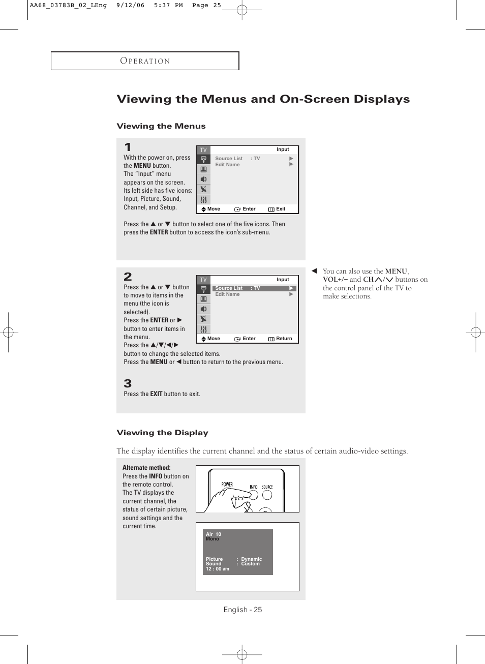 Viewing the menus and on-screen displays, Viewing the menus, Viewing the display | Samsung CL-29Z40MQ User Manual | Page 25 / 64