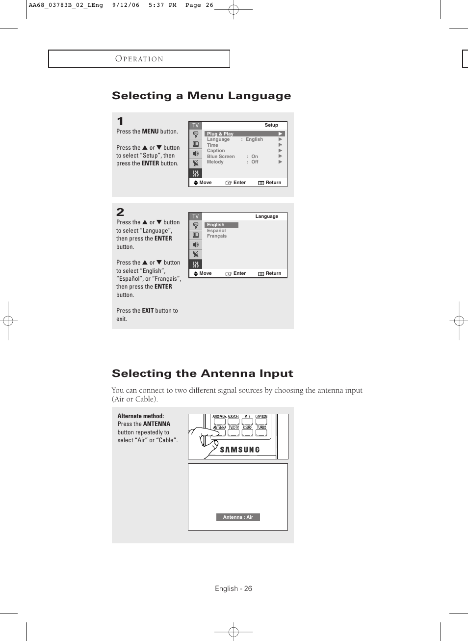 Selecting a menu language, Selecting the antenna input | Samsung CL-29Z40MQ User Manual | Page 26 / 64