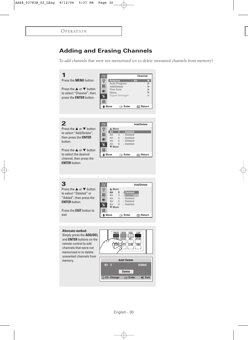 Adding and erasing channels | Samsung CL-29Z40MQ User Manual | Page 30 / 64