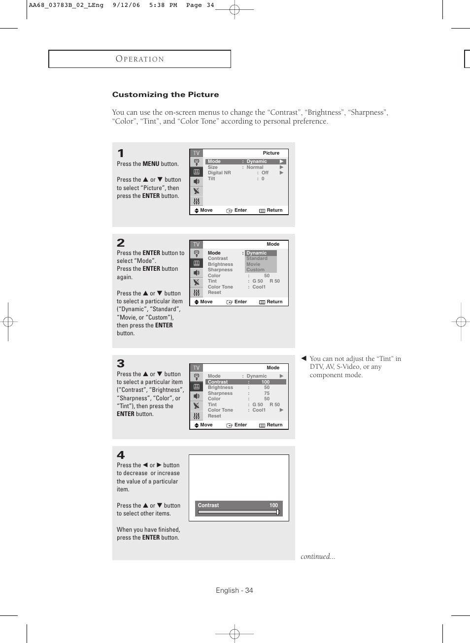 Customizing the picture, Continued | Samsung CL-29Z40MQ User Manual | Page 34 / 64