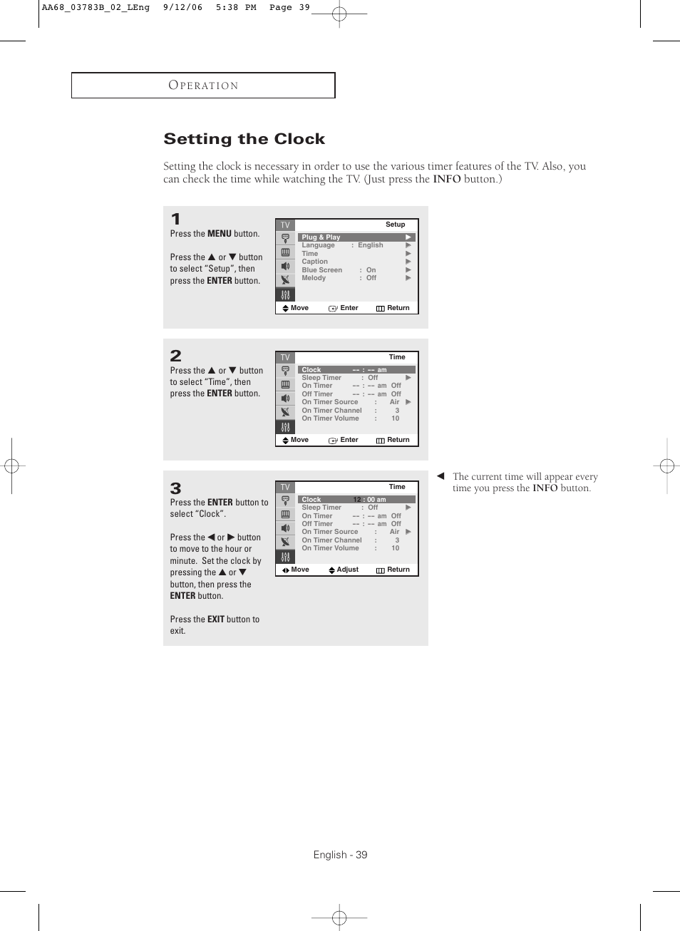 Setting the clock | Samsung CL-29Z40MQ User Manual | Page 39 / 64