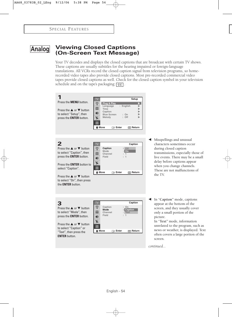 Analog, Viewing closed captions (on-screen text message), Continued | Samsung CL-29Z40MQ User Manual | Page 54 / 64