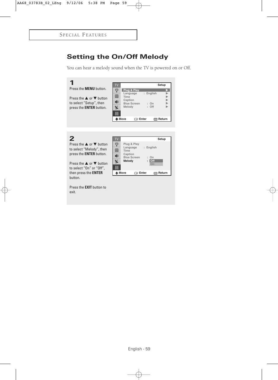 Setting the on/off melody | Samsung CL-29Z40MQ User Manual | Page 59 / 64