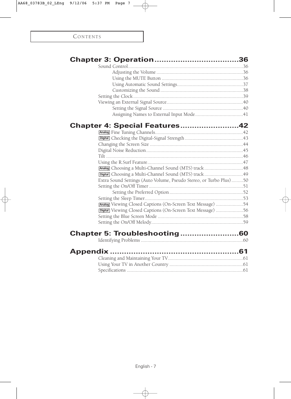 Chapter 3: operation, Chapter 4: special features, Chapter 5: troubleshooting | Appendix | Samsung CL-29Z40MQ User Manual | Page 7 / 64
