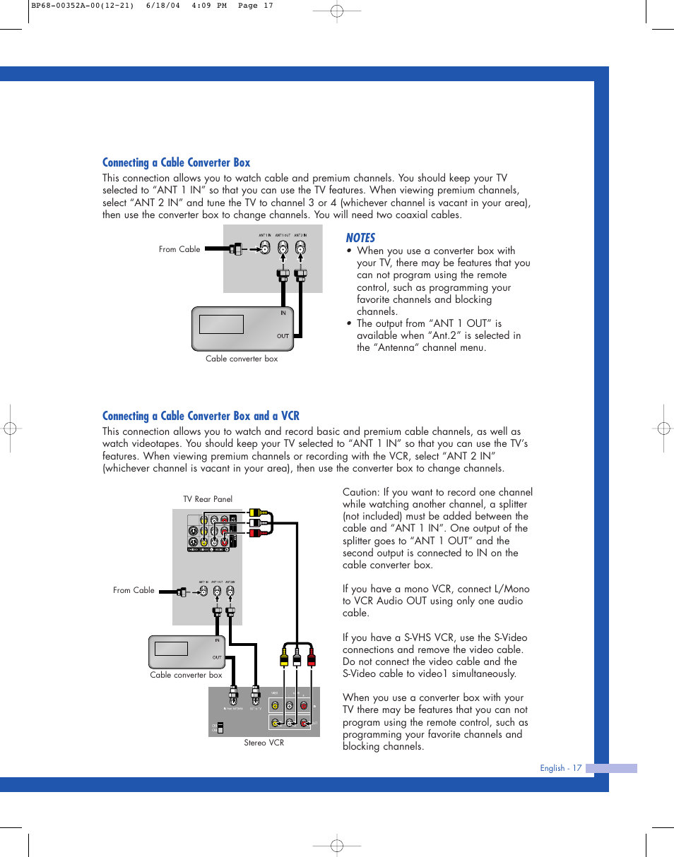 Connecting a cable converter box, Connecting a cable converter box and a vcr | Samsung HL-P5085W User Manual | Page 17 / 91