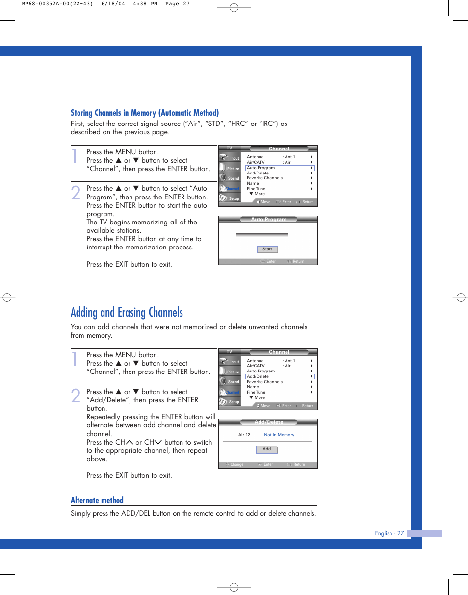 Adding and erasing channels, Alternate method | Samsung HL-P5085W User Manual | Page 27 / 91