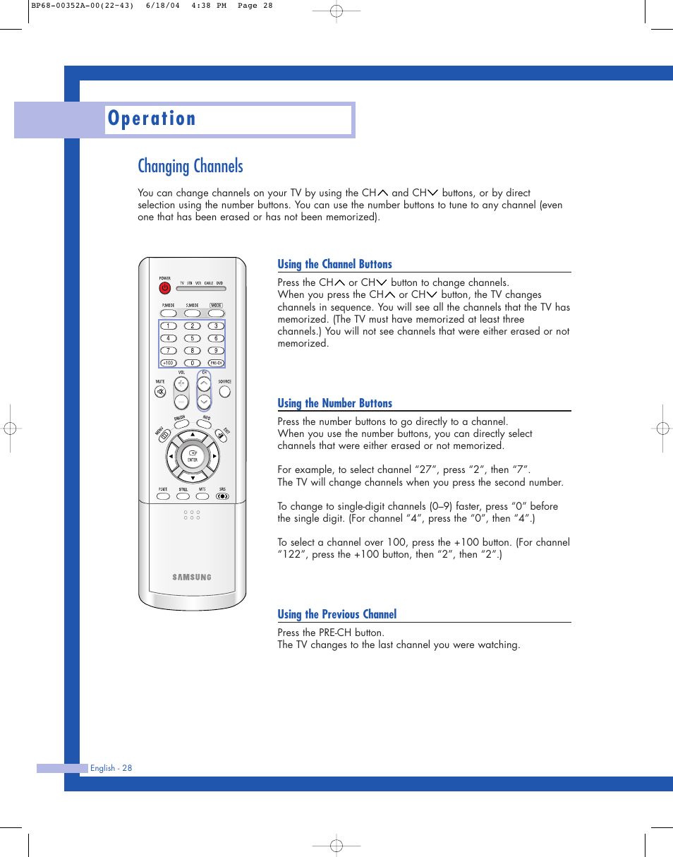 Operation, Changing channels | Samsung HL-P5085W User Manual | Page 28 / 91