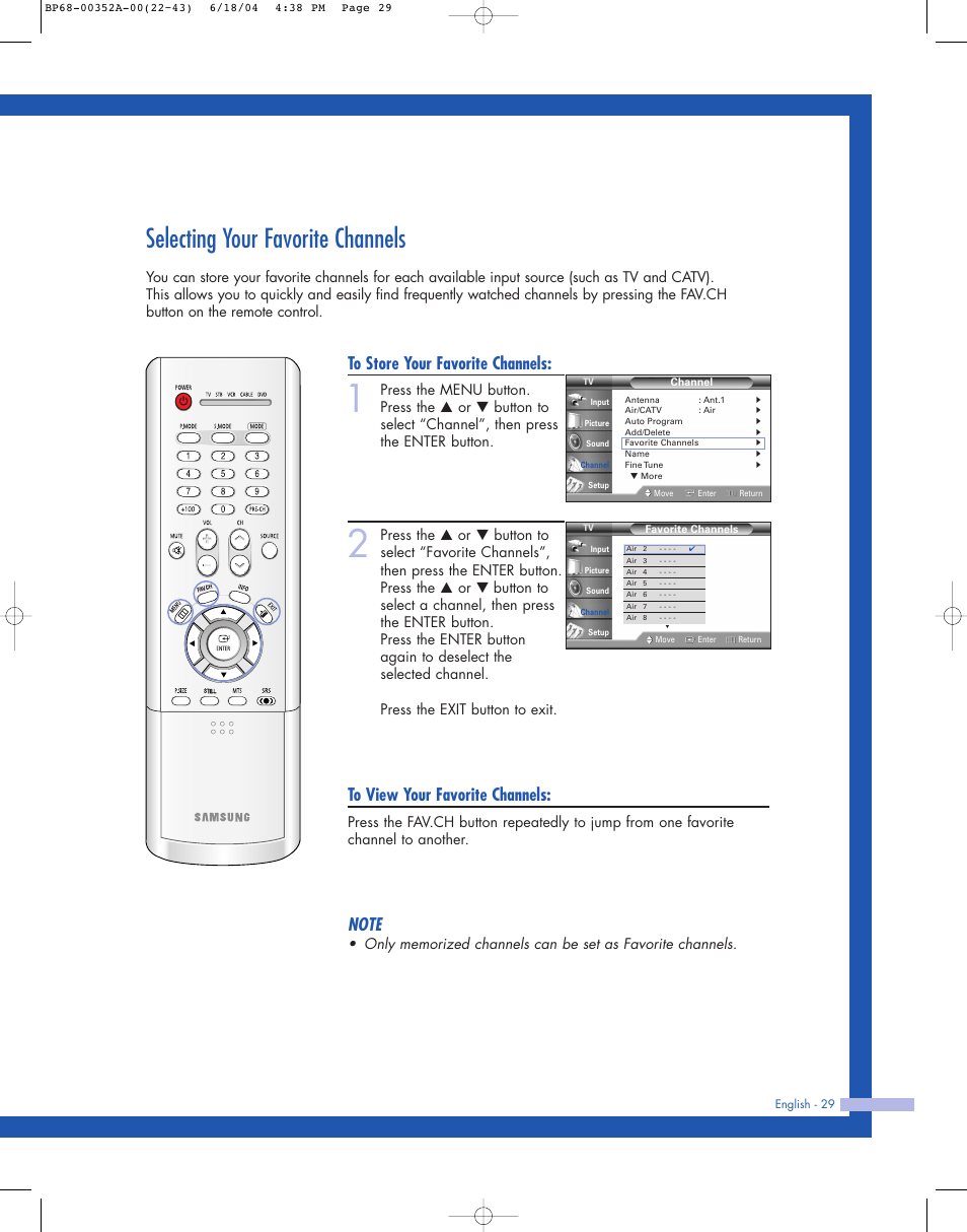 Selecting your favorite channels | Samsung HL-P5085W User Manual | Page 29 / 91