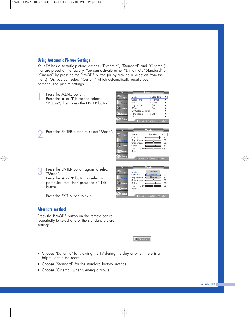 Using automatic picture settings, Alternate method, Press the enter button to select “mode | Samsung HL-P5085W User Manual | Page 33 / 91
