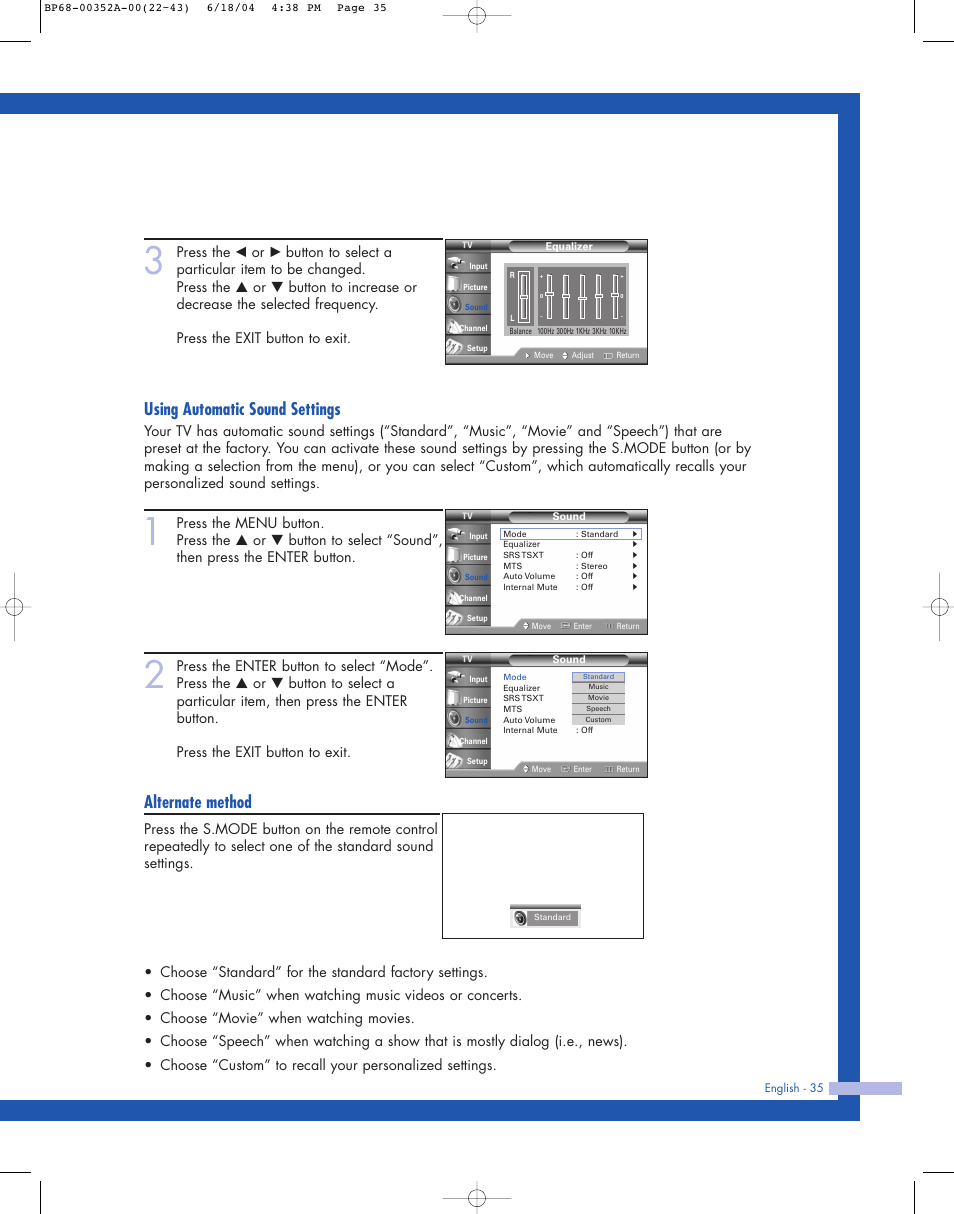 Using automatic sound settings, Alternate method | Samsung HL-P5085W User Manual | Page 35 / 91