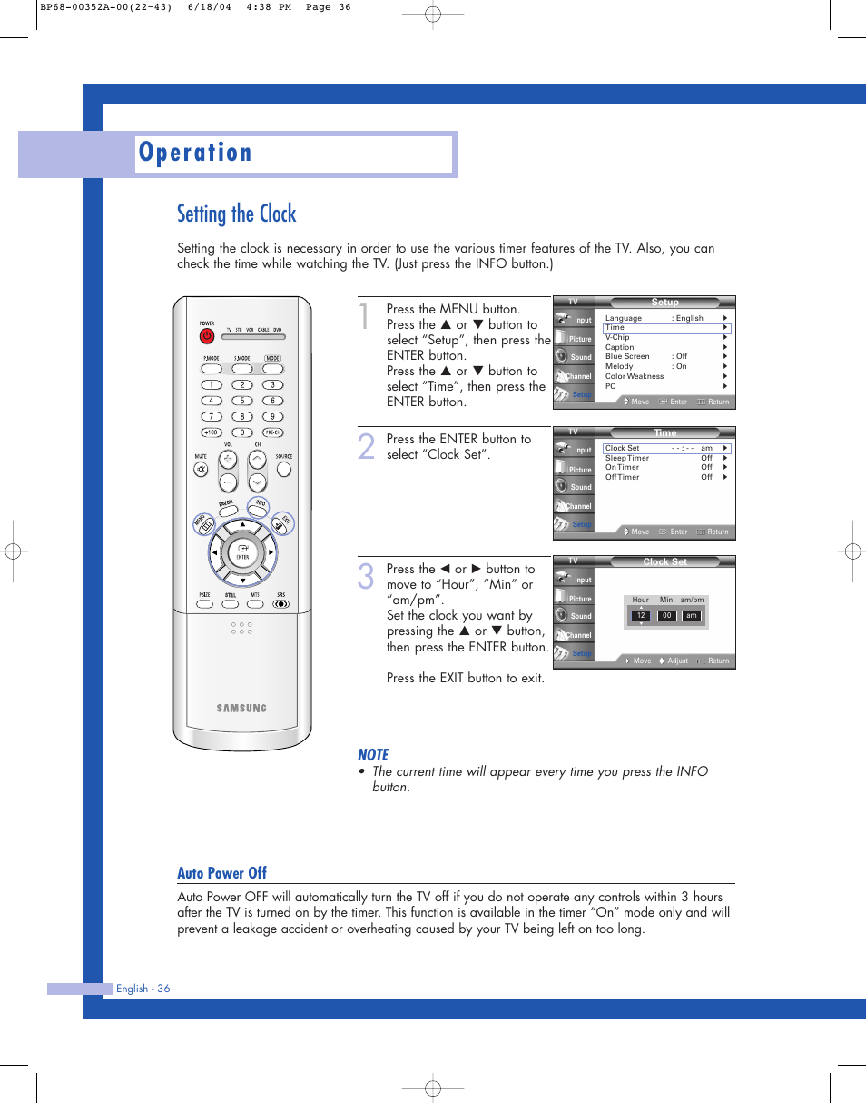 Operation, Setting the clock, Auto power off | Press the enter button to select “clock set | Samsung HL-P5085W User Manual | Page 36 / 91