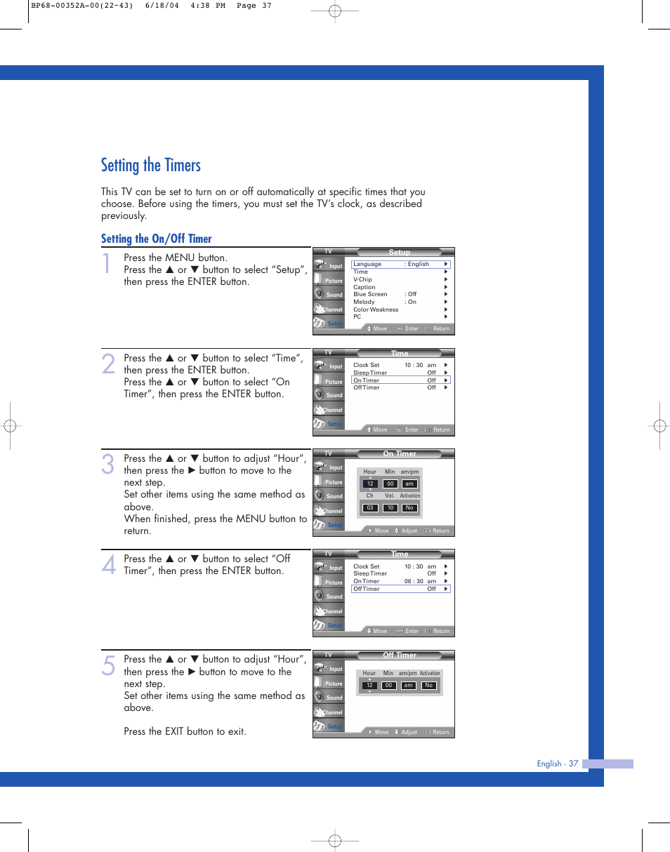 Setting the timers, Setting the on/off timer | Samsung HL-P5085W User Manual | Page 37 / 91