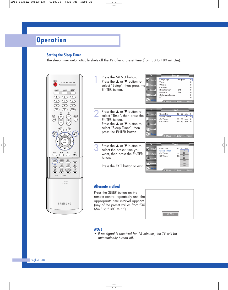 Operation, Setting the sleep timer, Alternate method | Samsung HL-P5085W User Manual | Page 38 / 91