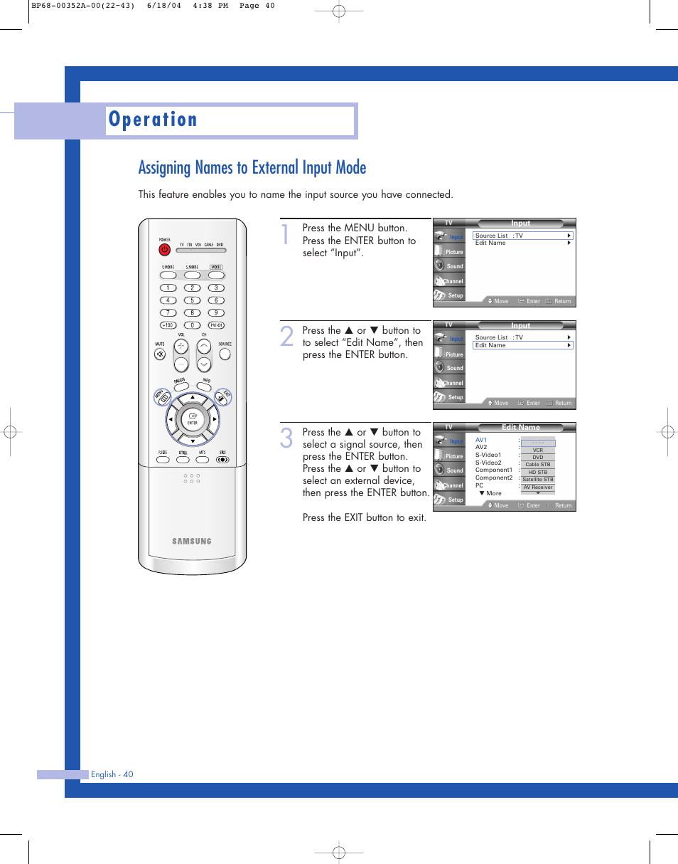 Operation, Assigning names to external input mode | Samsung HL-P5085W User Manual | Page 40 / 91