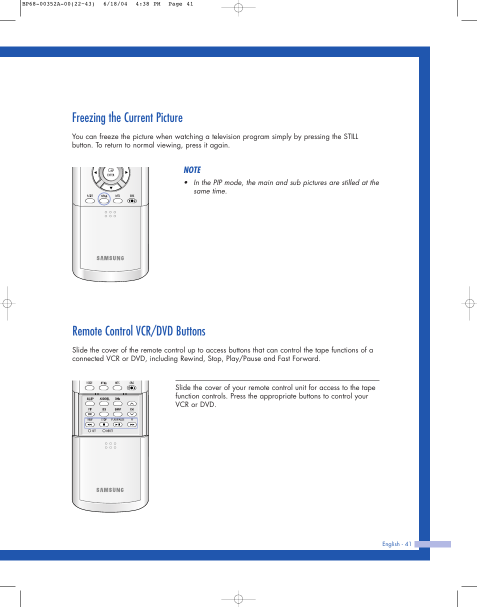 Freezing the current picture, Remote control vcr/dvd buttons | Samsung HL-P5085W User Manual | Page 41 / 91