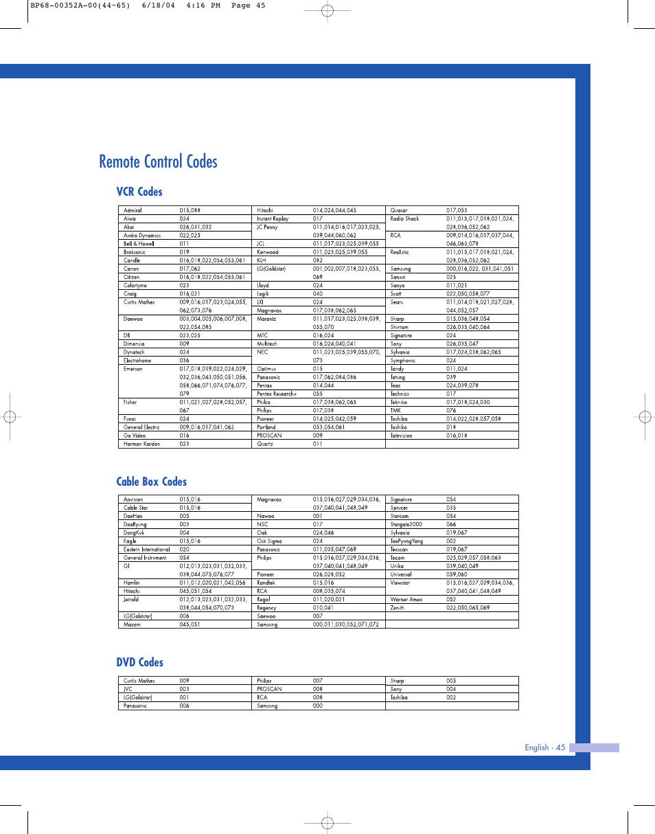 Remote control codes | Samsung HL-P5085W User Manual | Page 45 / 91