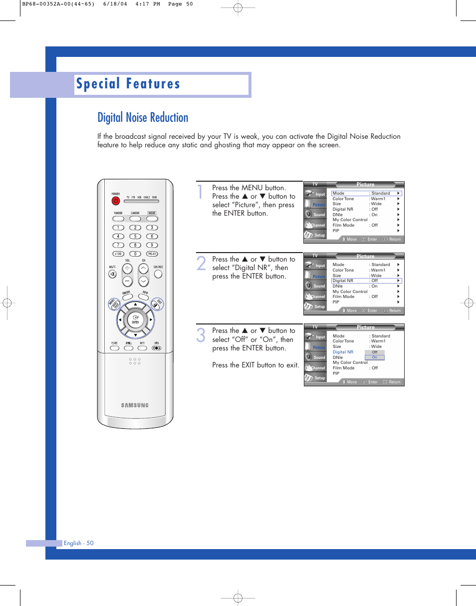Special features, Digital noise reduction | Samsung HL-P5085W User Manual | Page 50 / 91